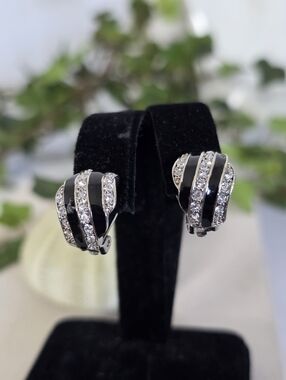 Silver with Pave Crystal And Black Enamel Clip On Earrings
